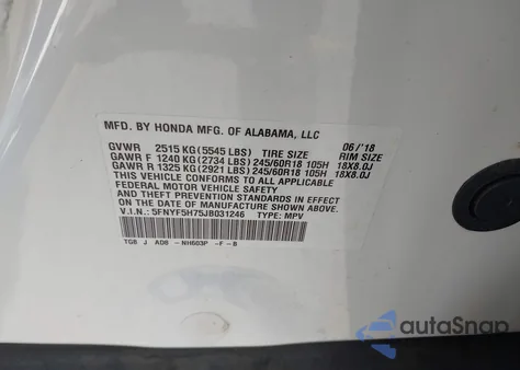 2018 Honda Pilot Ex-L from USA, damaged, VIN 5FNYF5H75JB031246